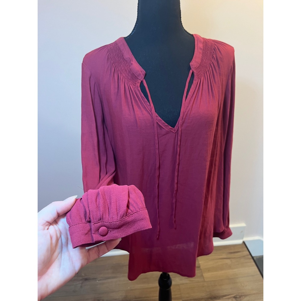 Torrid Womens Plus Size 1 Burgundy Smocked Tie Neck Long Sleeve Peasant Blouse